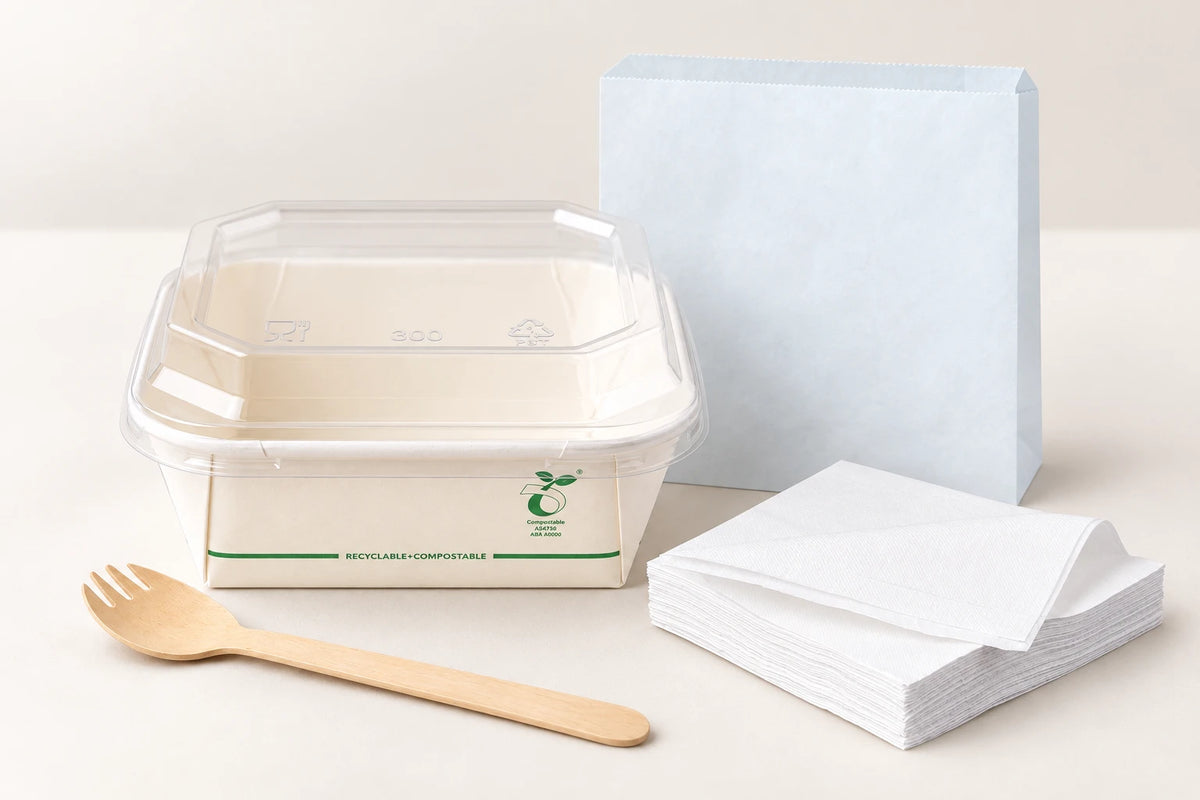 Curry Munchy Deal with 900ml white octagonal container and PET lid, wooden spork, white QFold napkins and greaseproof paper bag